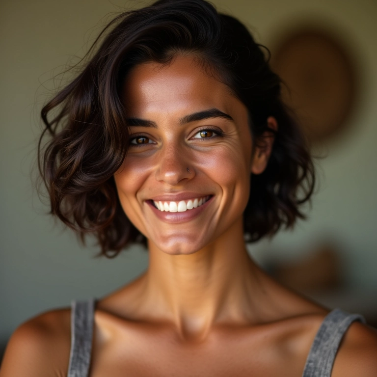 Cabelo curto ondulado, mulher sorrindo em apartamento Farm Rio.