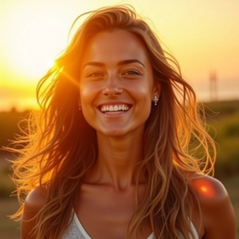 Cabelo iluminado pelo sol, representando a importância da vitamina D para a saúde capilar.