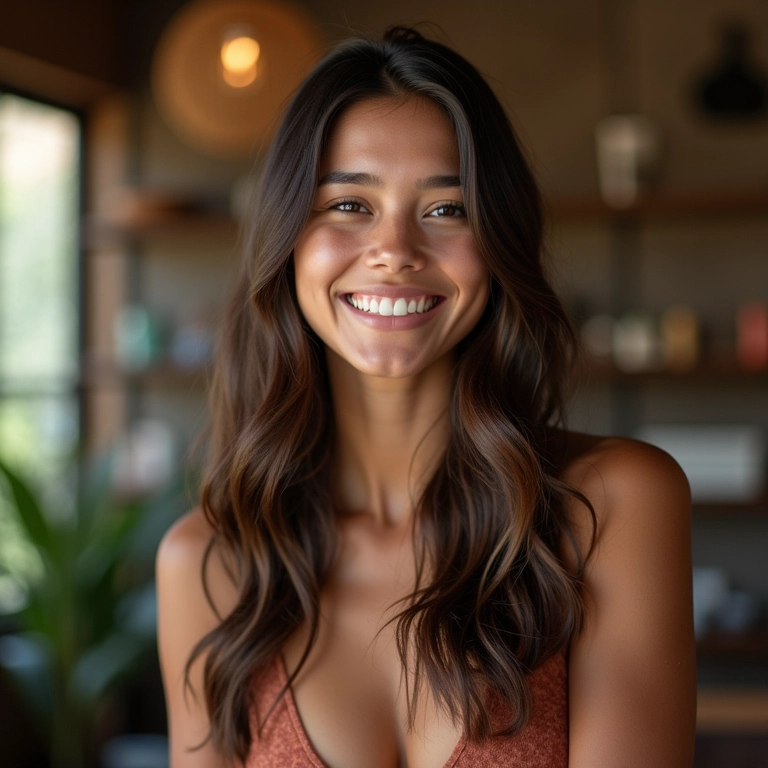 Cabelo liso com corte em camadas para mais movimento.