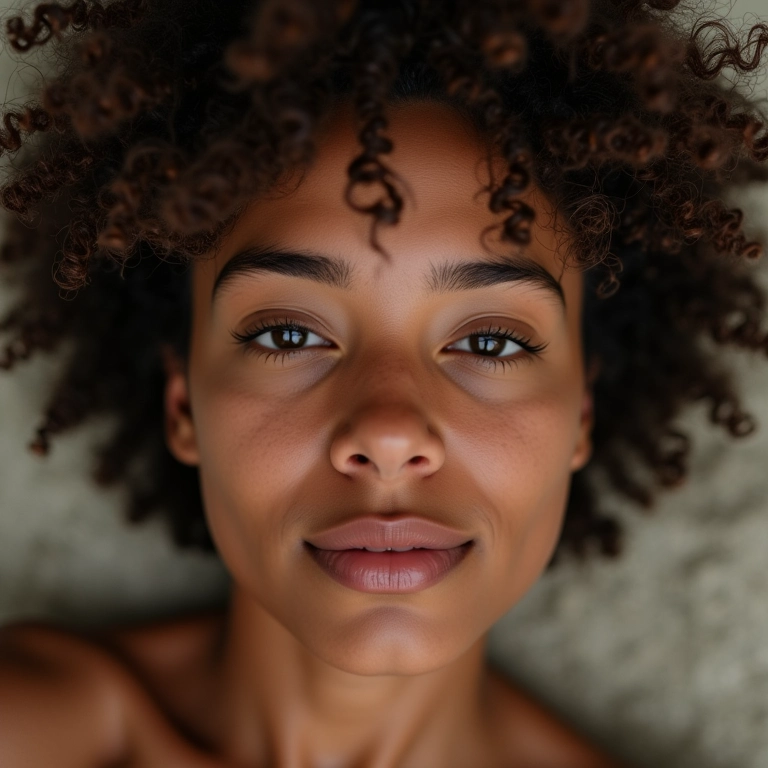 Cabelo liso com frizz no topo, close-up.