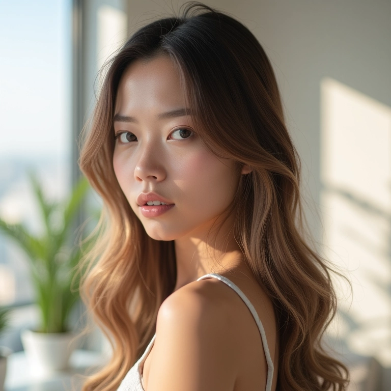 Cabelo liso com leave-in, leveza e movimento em um ambiente minimalista.