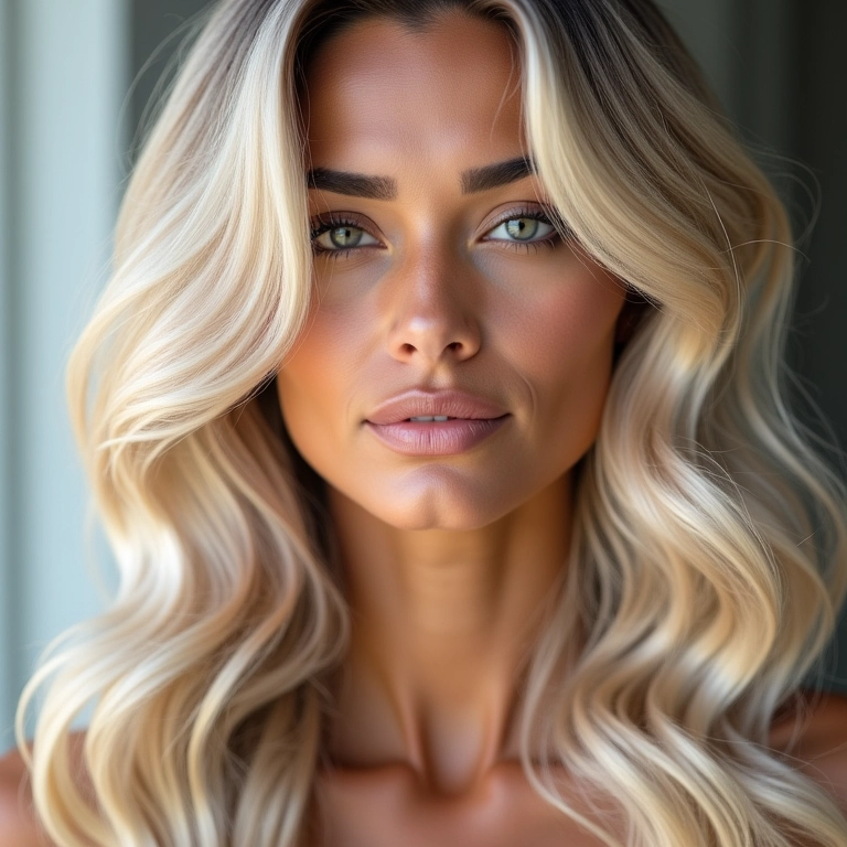 Cabelo loiro acinzentado com ondas suaves e iluminação natural.