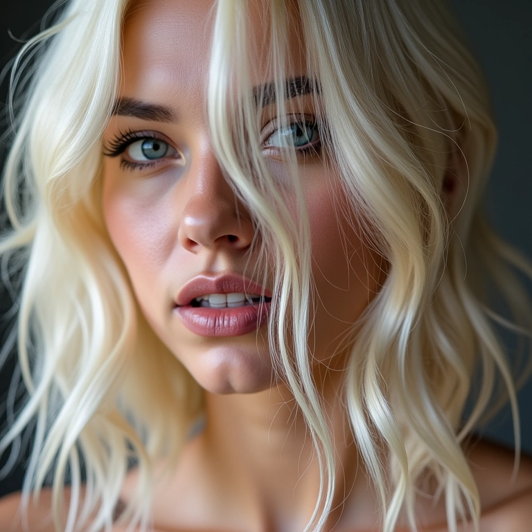 Cabelo loiro danificado com pontas duplas, mostrando os efeitos da descoloração.