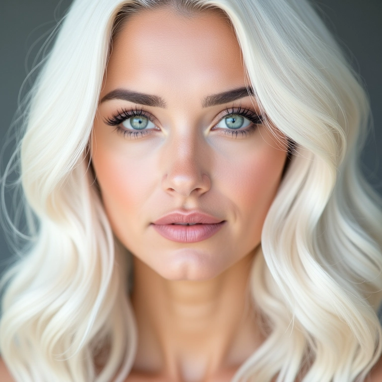 Cabelo loiro platinado perfeito, ondas suaves, tom vibrante e saudável.