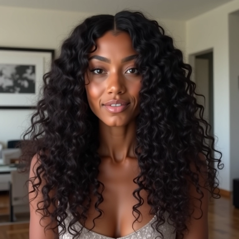 Cabelo ondulado 2B: ondas mais definidas em uma mulher negra brasileira.