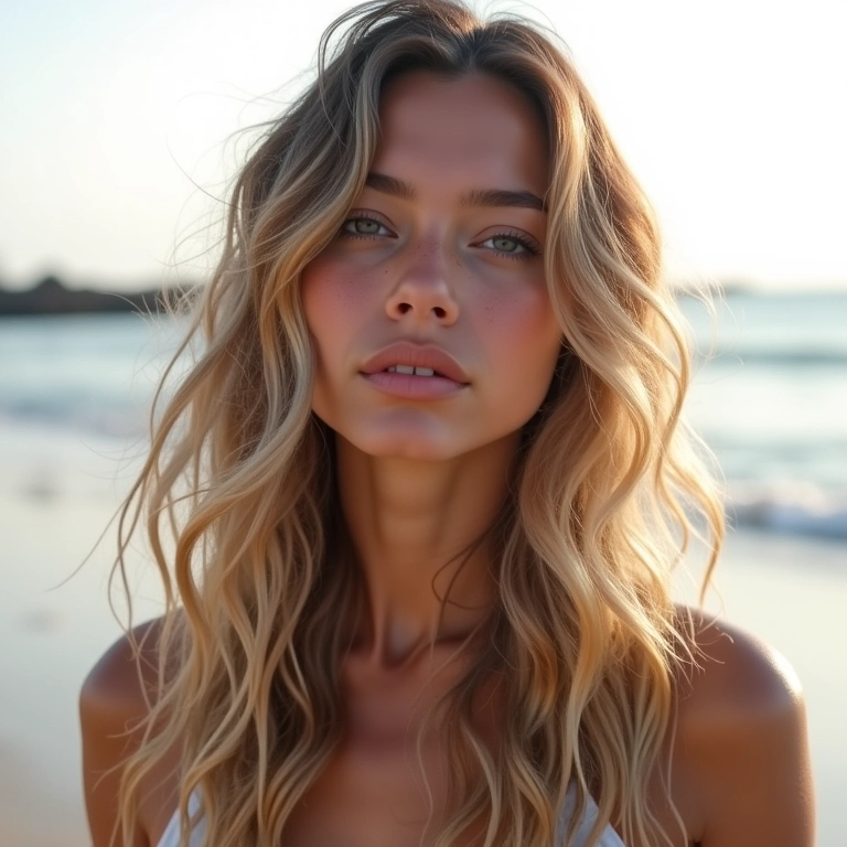 Cabelo ondulado com ondas naturais na praia.