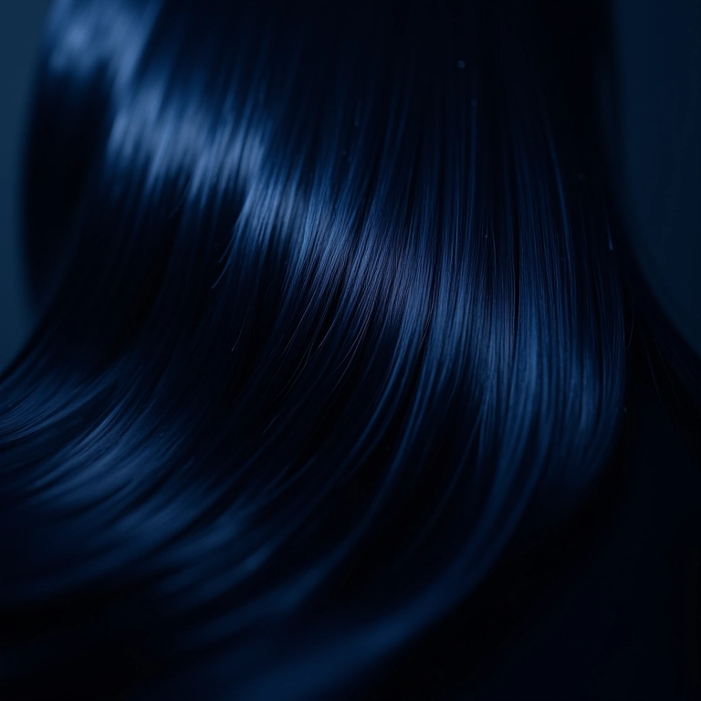 Cabelo preto azulado com brilho espelhado refletindo a luz.