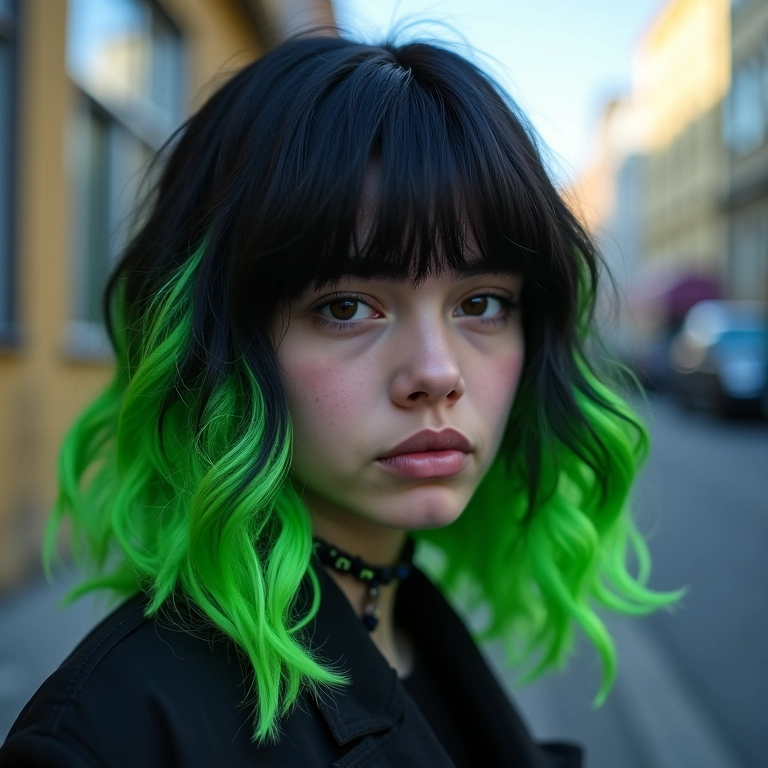 Cabelo preto com raízes verde neon, estilo ousado inspirado em Billie Eilish.