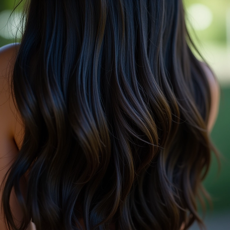 Cabelo preto longo com brilho espelhado refletindo paisagem brasileira.
