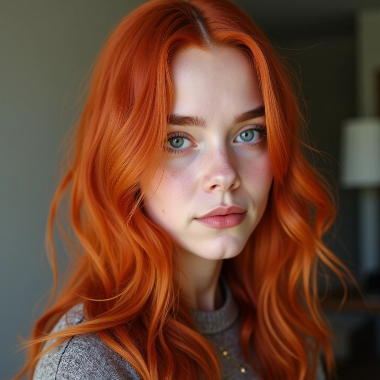 Cabelo ruivo acobreado com camadas longas, um toque de calor e personalidade inspirado em Billie Eilish.