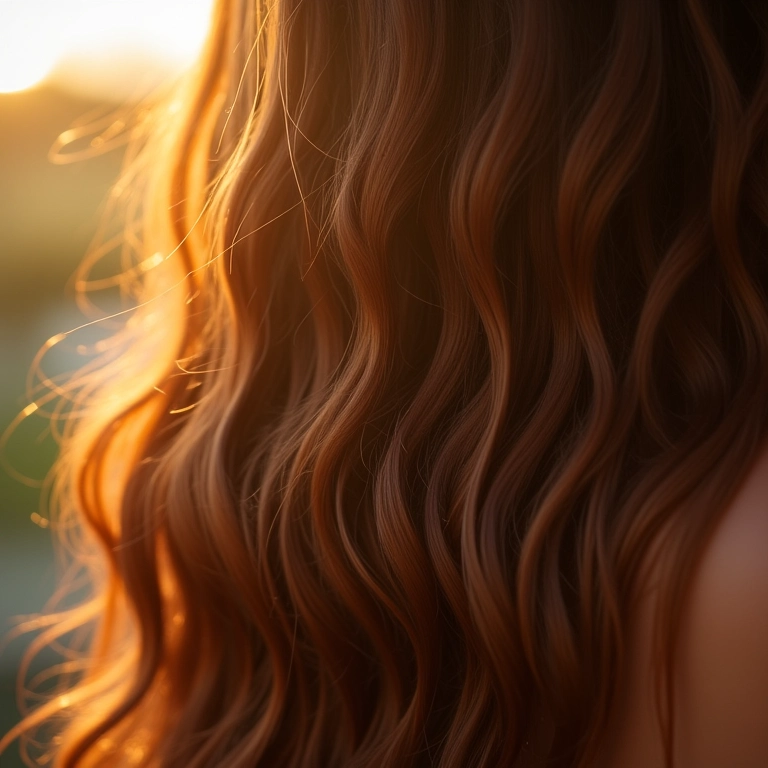 Cabelo saudável e brilhante de mulher brasileira recebendo luz solar, foco suave.