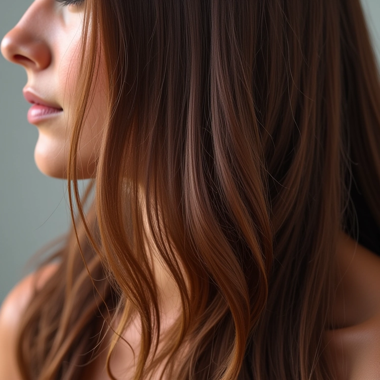Cabelos castanhos brilhantes e saudáveis após uso de tonalizante suave.
