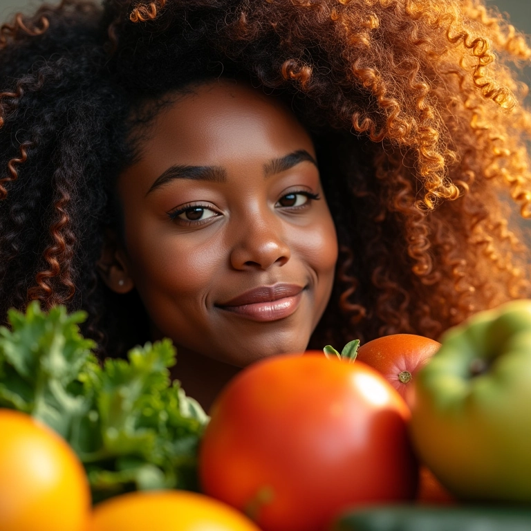 Cabelos saudáveis e brilhantes em diferentes tons e texturas, nutridos por vitaminas essenciais.