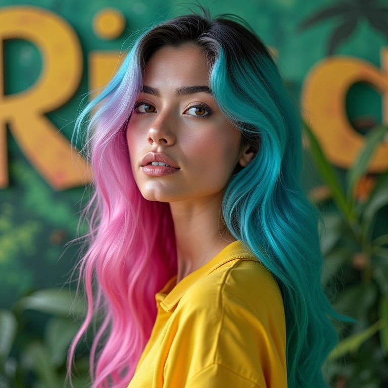Cabelos vibrantes em tons de rosa, azul e verde.