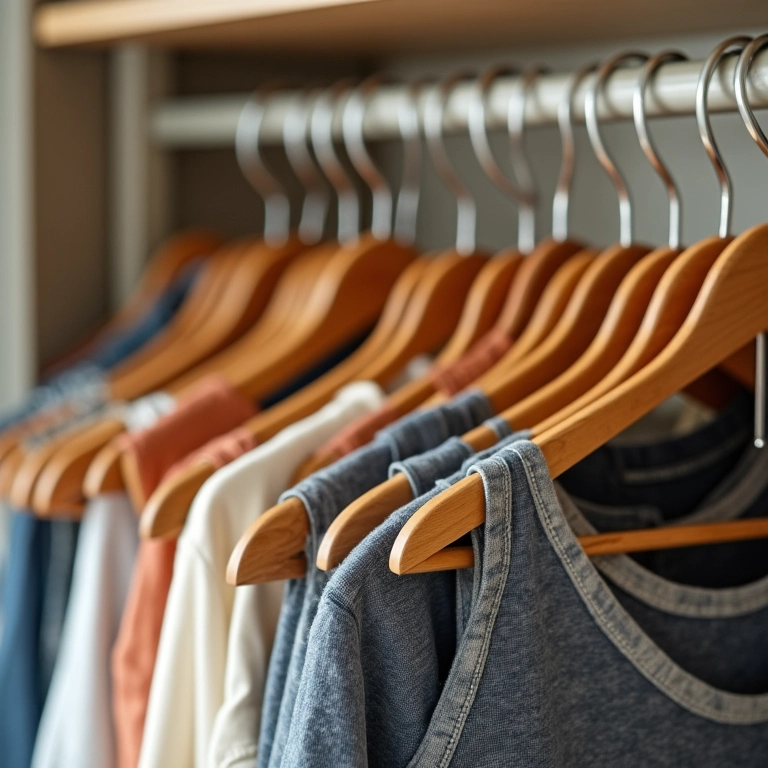 Cabides de madeira organizados exibindo roupas diversas.