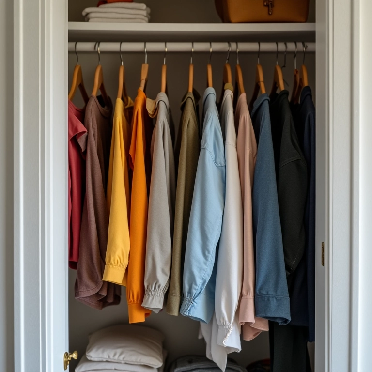 Cabides padronizados em closet pequeno, otimizando o espaço.