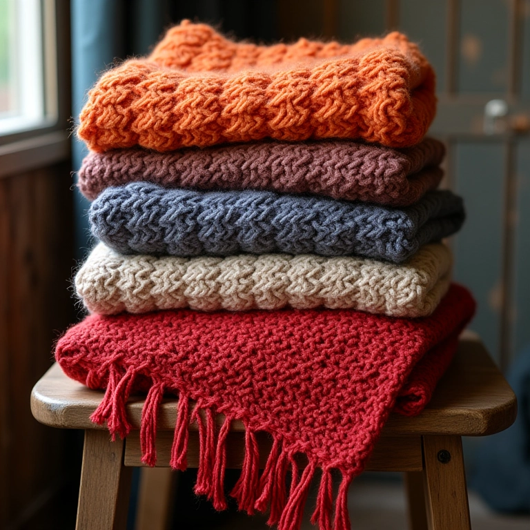 Cachecóis e mantas tricotadas à mão com cores vibrantes e texturas macias.