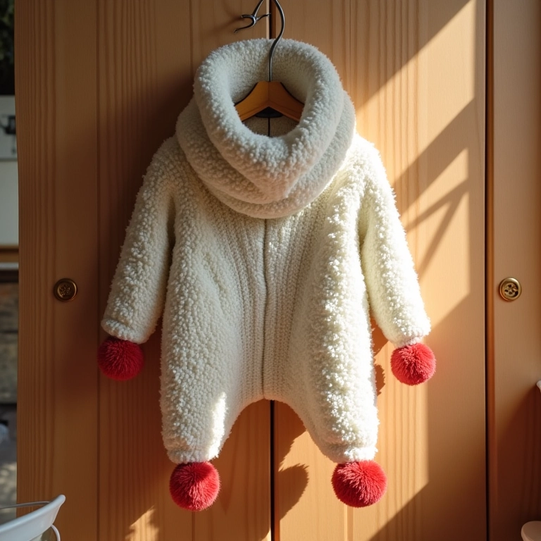 Cachecol de tricô com pompons pendurado em parede de madeira.