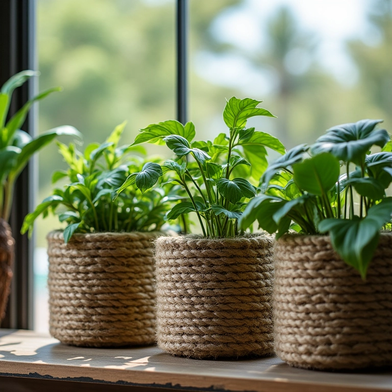 Cachepôs rústicos de sisal com plantas vibrantes em varanda estilo Farm Rio.