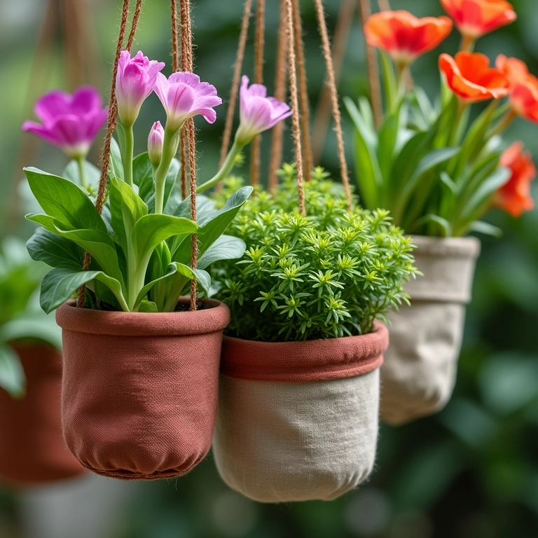 Cachepots de tecido sustentável pendurados com folhagens verdes e flores vibrantes em fundo estilo Farm Rio.