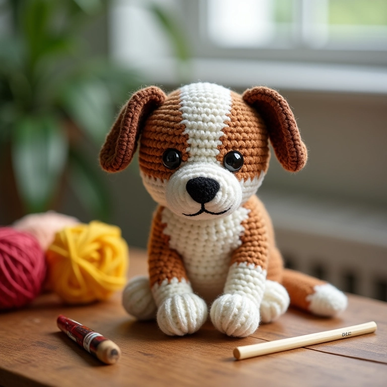 Cachorrinho amigurumi em mesa de madeira com materiais de crochê.