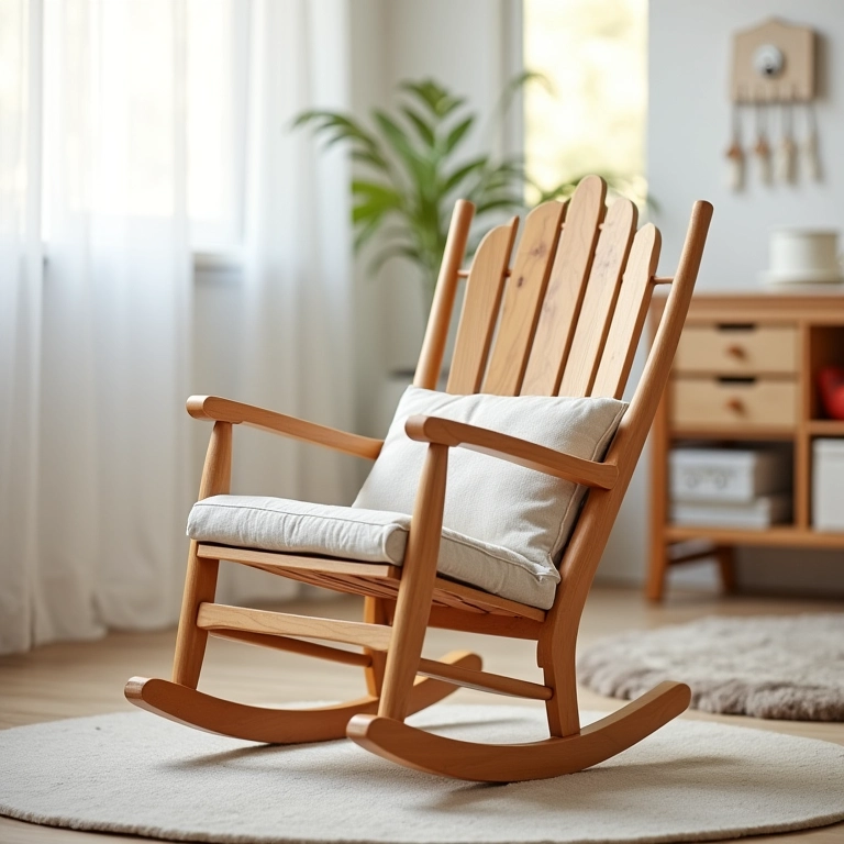 Cadeira de balanço de madeira para o quarto do bebê.