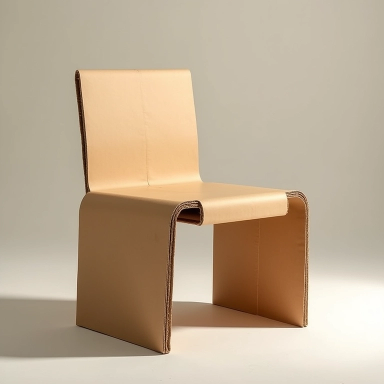 Cadeira minimalista de papelão, foco na textura e sustentabilidade.