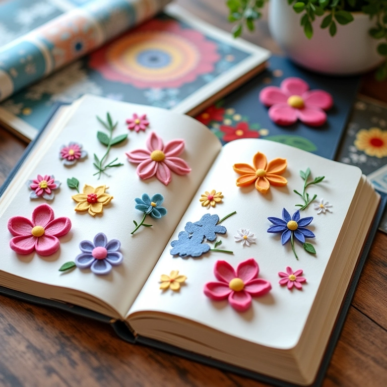 Caderno aberto com desenhos de flores de feltro, com revistas e tutoriais online ao redor.
