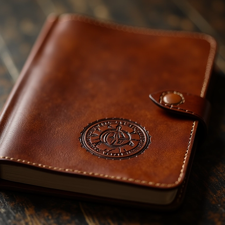 Caderno de couro personalizado com logo gravado, ideal para presentes.