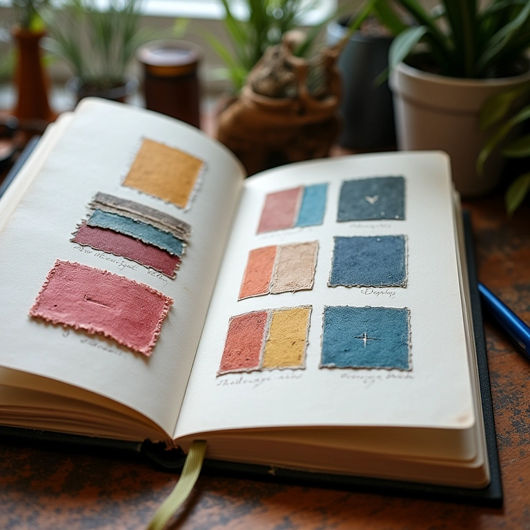 Caderno de inspiração com amostras de encadernação copta e Longstitch.
