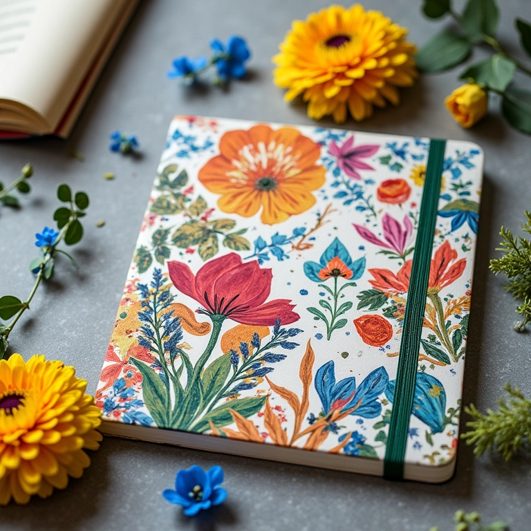 Cadernos decorados com cores vibrantes, flores brasileiras e caligrafia artística.