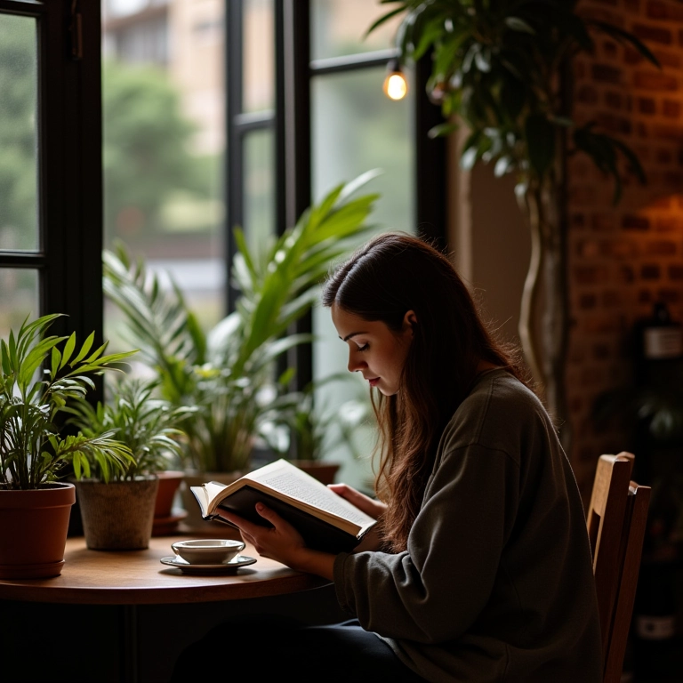 Café aconchegante em Curitiba com mulher lendo um livro.
