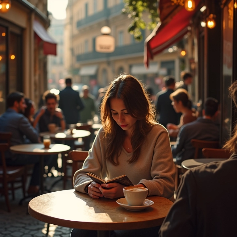 Café europeu tranquilo na baixa temporada, mulher relaxando com um livro e café.
