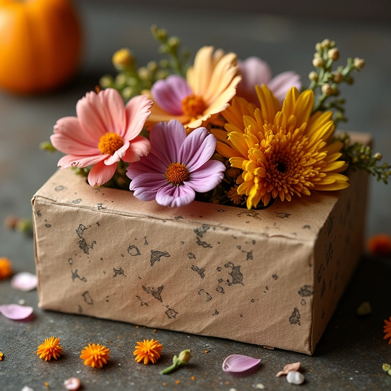 Caixa de cartonagem decorada com flores secas e papel texturizado.
