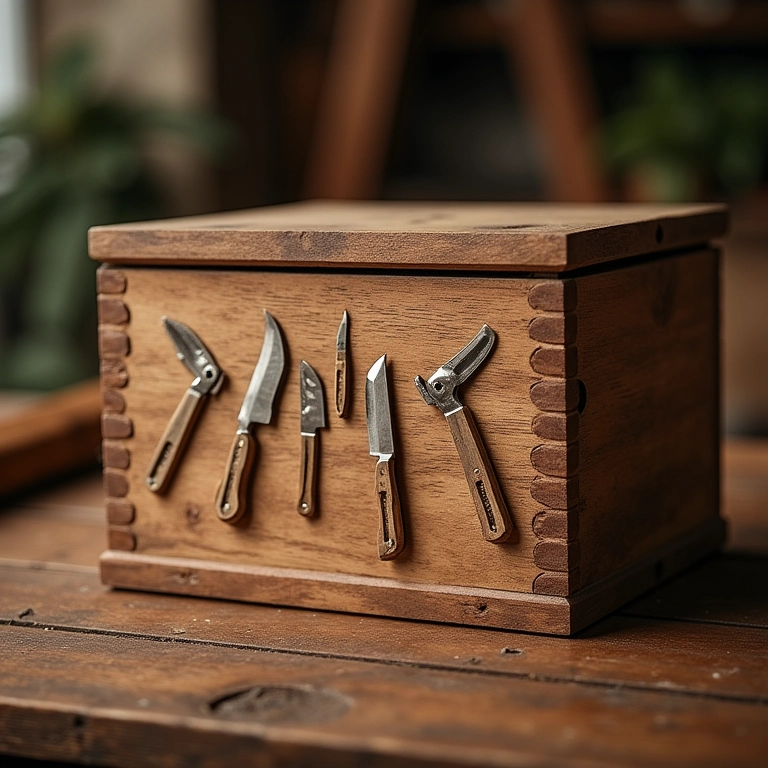Caixa de madeira decorada para utensílios de açougueiro.
