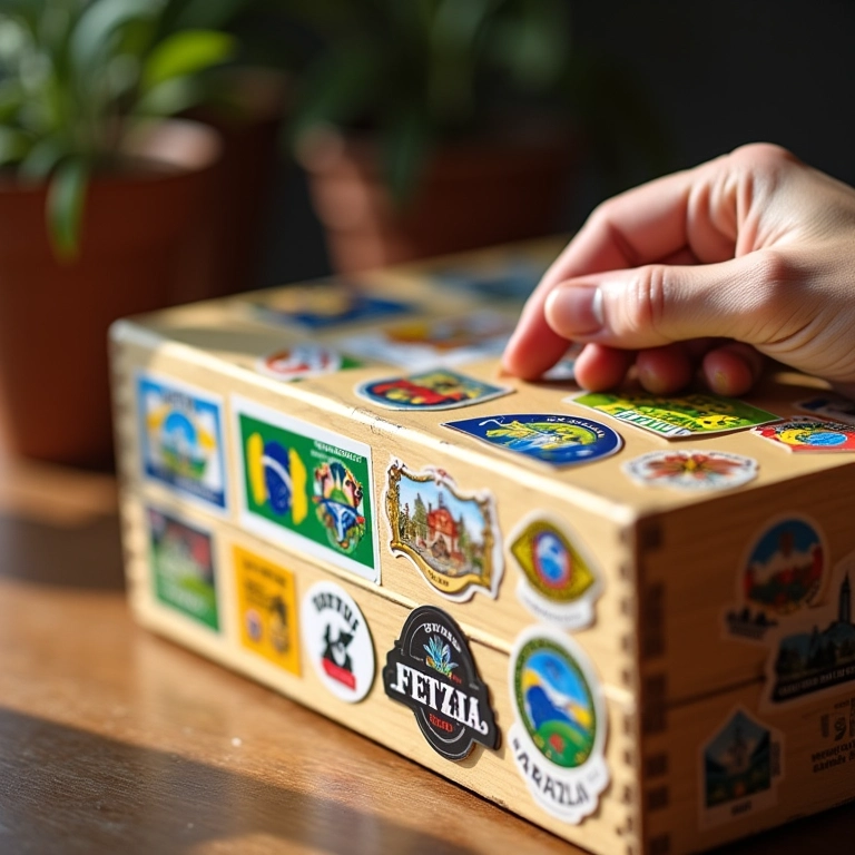 Caixa de madeira reaproveitada decorada com adesivos coloridos, opção prática e divertida.