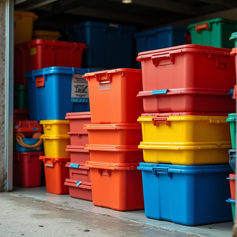 Caixas de plástico coloridas empilhadas em garagem brasileira.