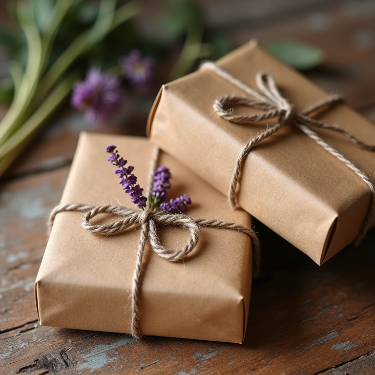 Caixas de presente artesanais com barbante e flores secas.