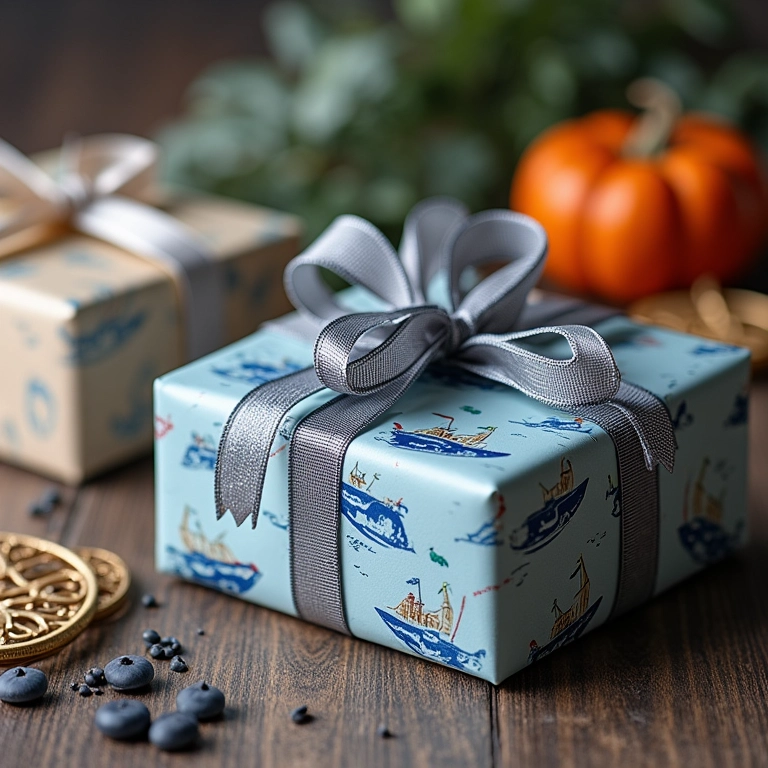 Caixas de presente decoradas com padrões náuticos e fitas.