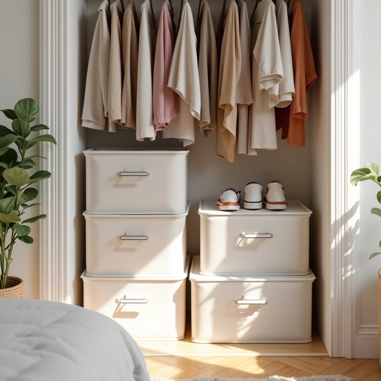 Caixas de tecido organizando roupas em closet de quarto brasileiro.