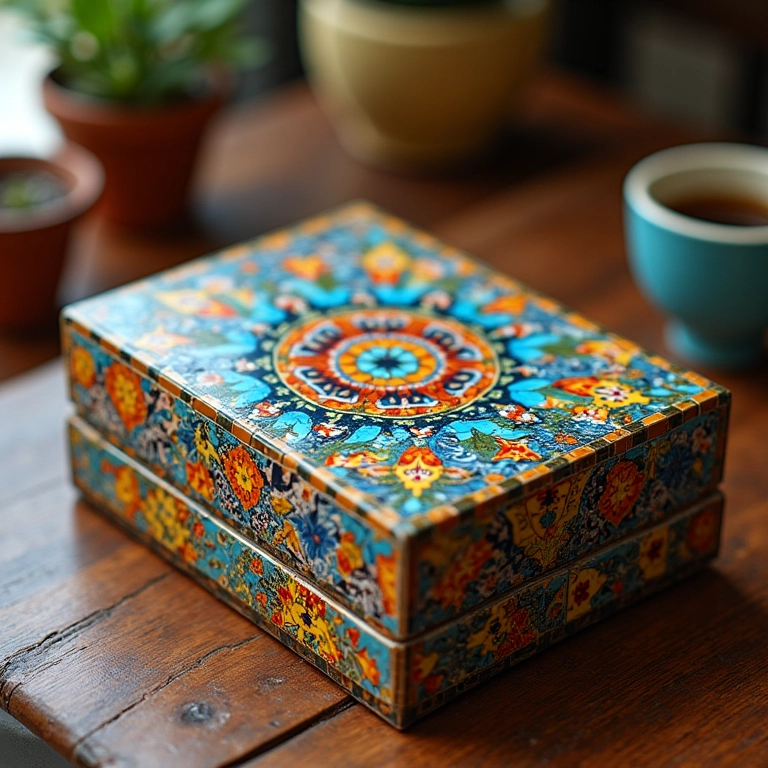 Caixas decoradas com mosaicos de azulejos coloridos, artesanato brasileiro.