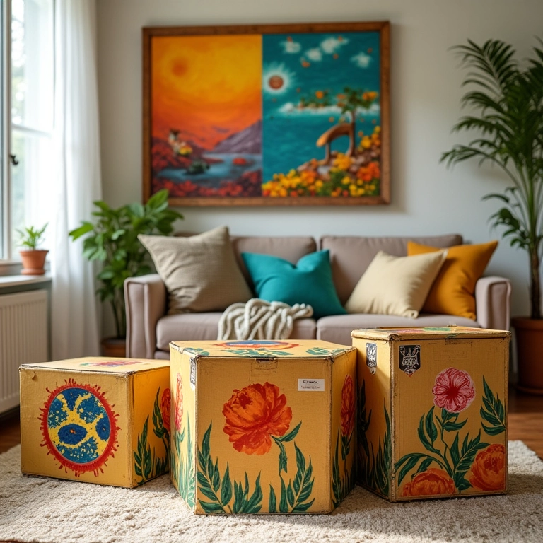 Caixas decorativas de cartonagem usadas na decoração da casa.