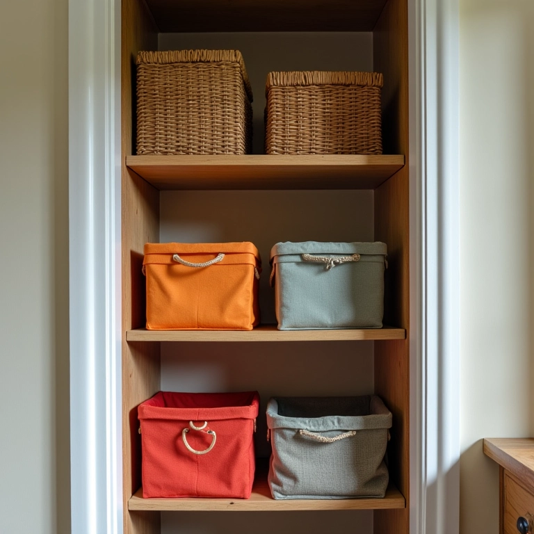 Caixas e cestas organizadoras em closet pequeno.