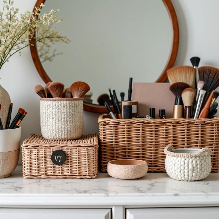 Caixas e cestos organizadores de maquiagem em uma penteadeira decorada.