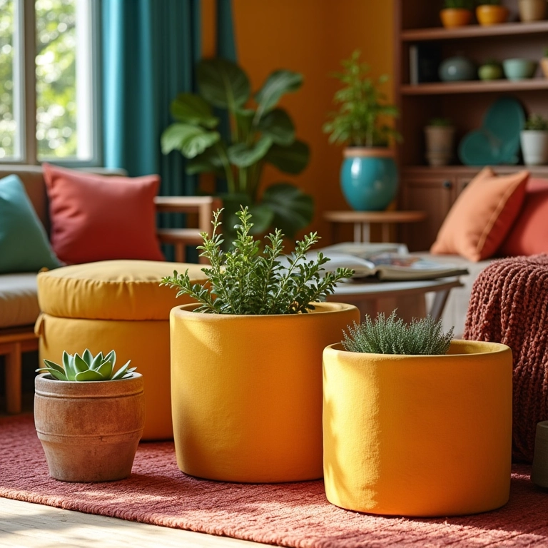 Caixas estilosas complementando decoração de sala brasileira vibrante.