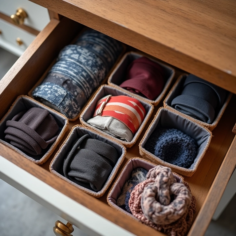 Caixas organizadoras de diversos tamanhos em uma gaveta, armazenando cintos, lenços e acessórios.