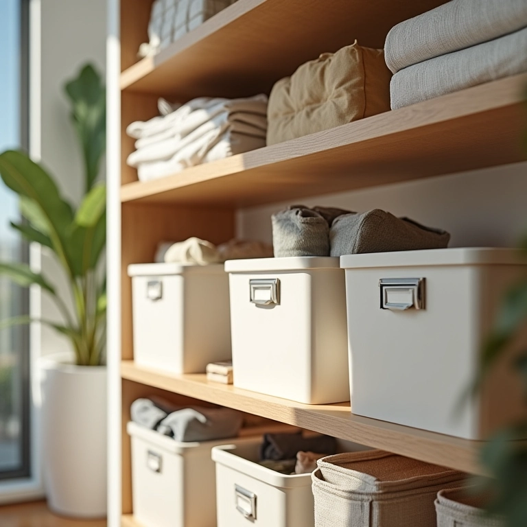 Caixas organizadoras em prateleira com objetos organizados.