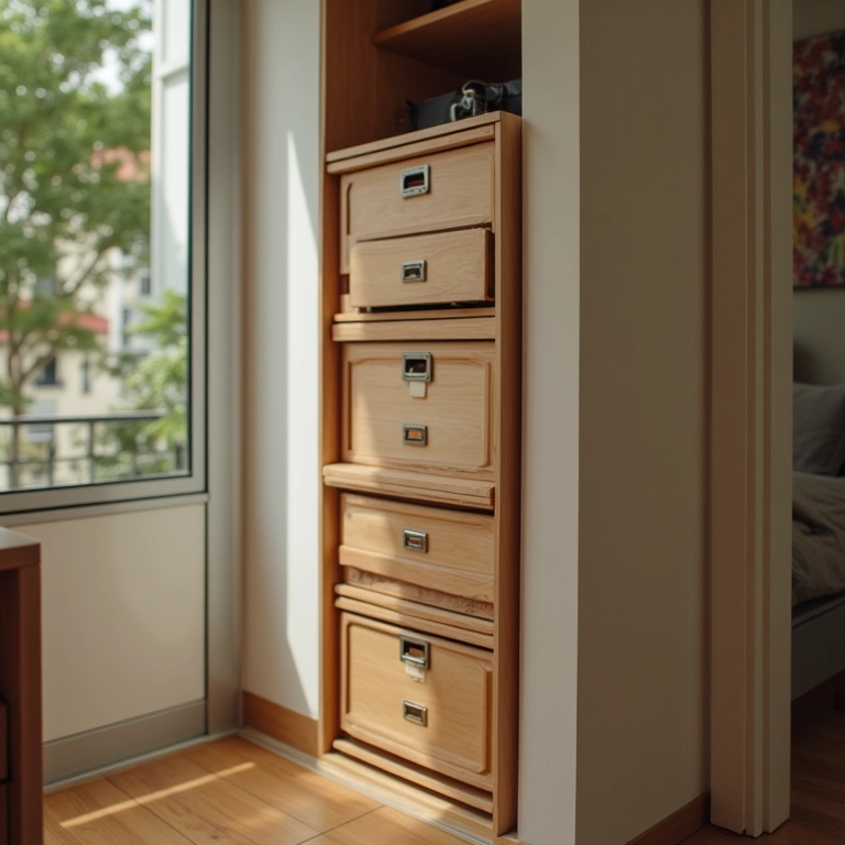 Caixas organizadoras empilhadas otimizando espaço vertical em apartamento.