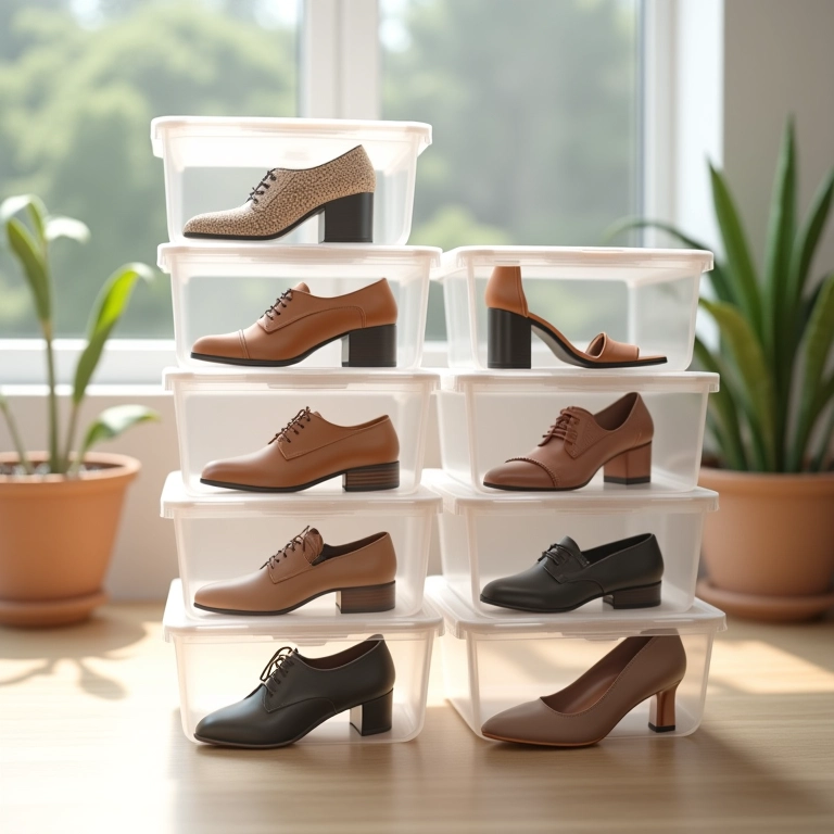 Caixas transparentes organizando sapatos, visibilidade e proteção.