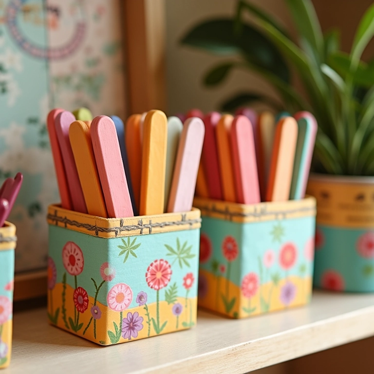 Caixinhas organizadoras feitas com palitos de picolé em estante colorida.